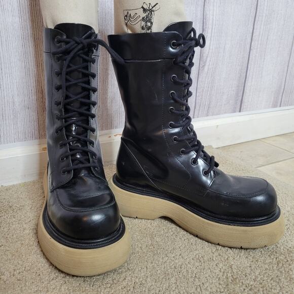 ASOS Alicia Premium Leather Chunky Lace-up Boots - Black w/ Beige Sole, size 37 - Picture 1 of 9